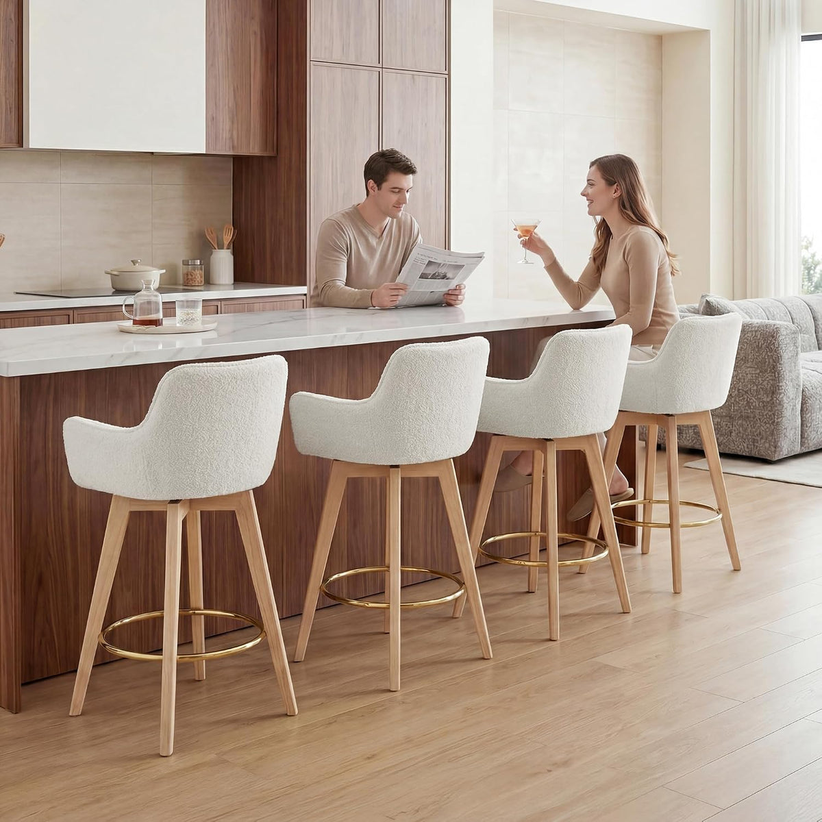 ONEVOG Boucle 26" Counter Height Bar Stools Set of 4, Swivel Modern Kitchen Island Tall Chairs with Back, Arm, Footrest and Wooden Legs, Sherpa Fabric Upholstered Barstools for Pub/Dining Room, White