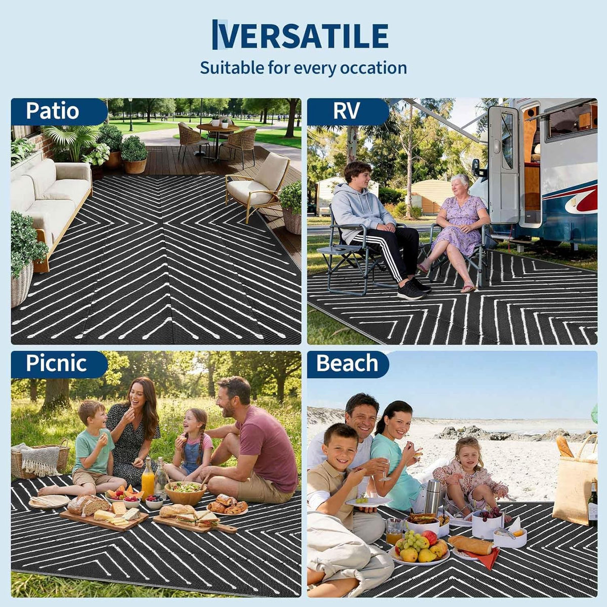 Garvee 5x8 Black and White Striped Outdoor Waterproof Rug Reversible Plastic Straw Patio Mat, Portable RV Camping Rug Quick Dry for Picnic, Beach, Balcony, Deck UV Protected & Lightwight, Black&White