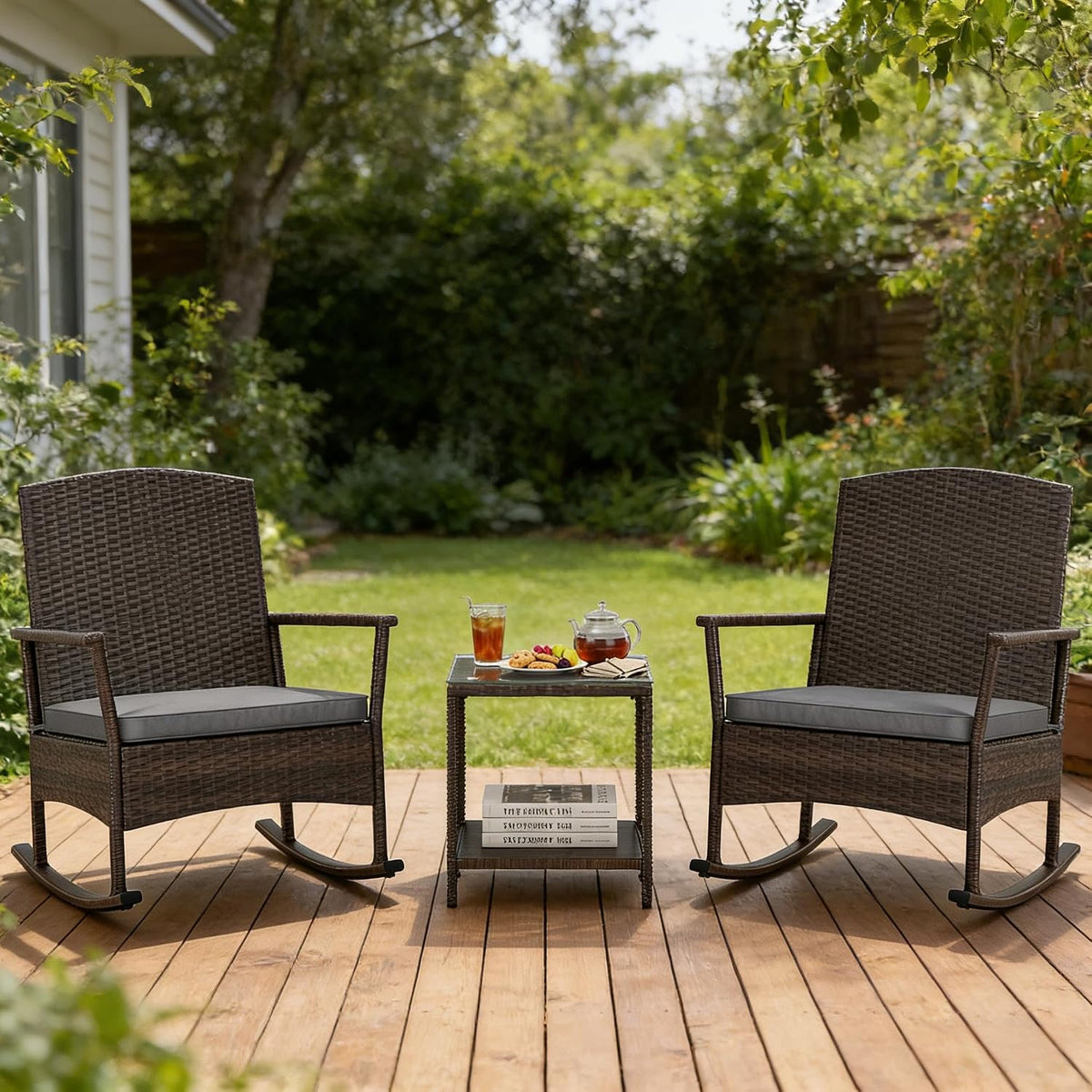 ORALNER 3 Pieces Patio Rocking Chair, Wicker Bistro Set w/Cushions (Gray)
