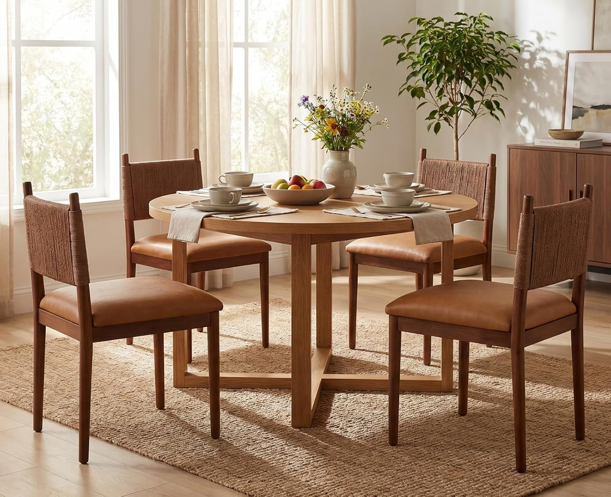 CIMOTA Leather Dining Chairs Set of 4, Woven Back/Walnut Wood/PU Brown