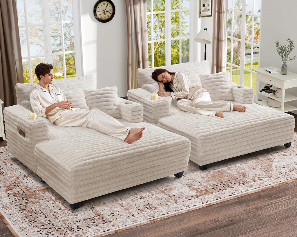 60" Oversized Chaise Lounge Chair with Wood Frame, USB Charging Port, Beige