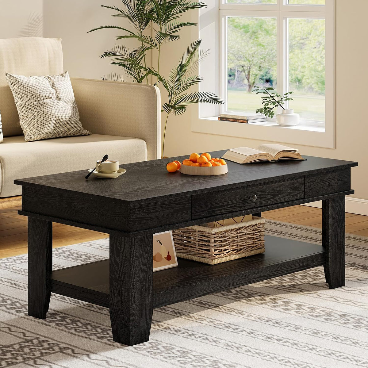 GarveeHome Black Coffee Table 47.2" Center Table with Drawer and Storage Shelf, Large Coffee Tables Living Room Furniture, Sturdy and Easy to Clean, Holds 300 Pounds in Total