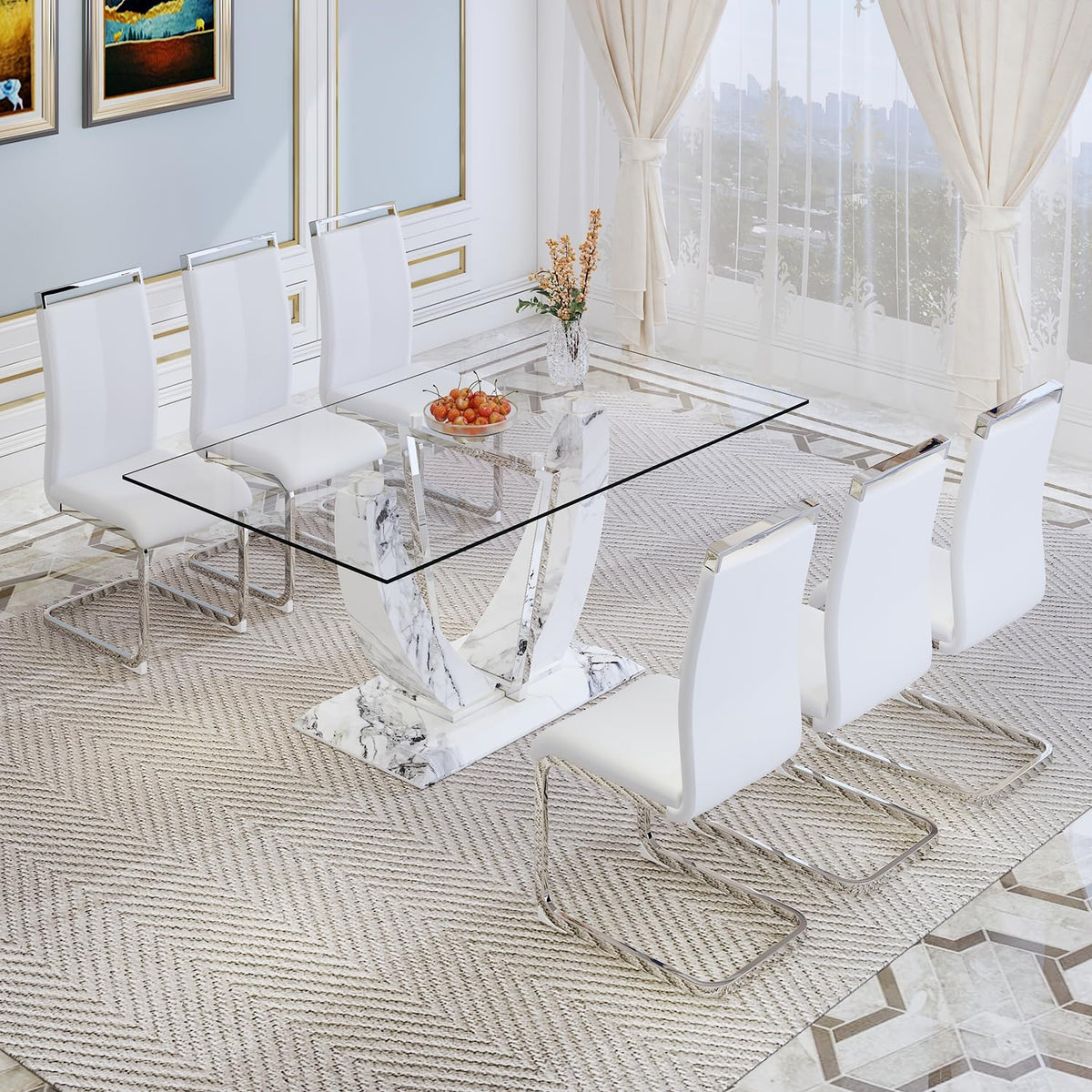 JUFU 7-Piece White Dining Table Set for 6, 63" Rectangular Glass Dining Table with Faux Marble U-Shaped Pedestal Base and 6 White Cantilever Chairs, Modern Kitchen & Dining Room Furniture Set