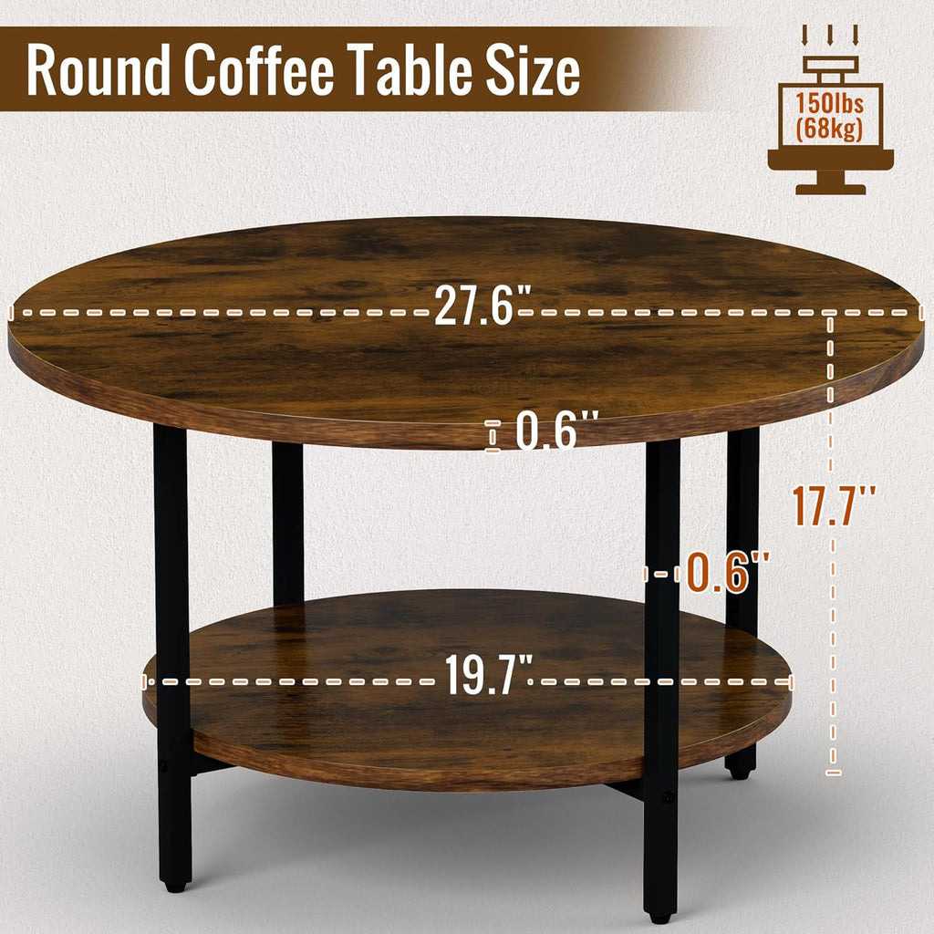 Coffee Tables for Living Room, 27.6" Round Coffee Table, Brown Coffee Table