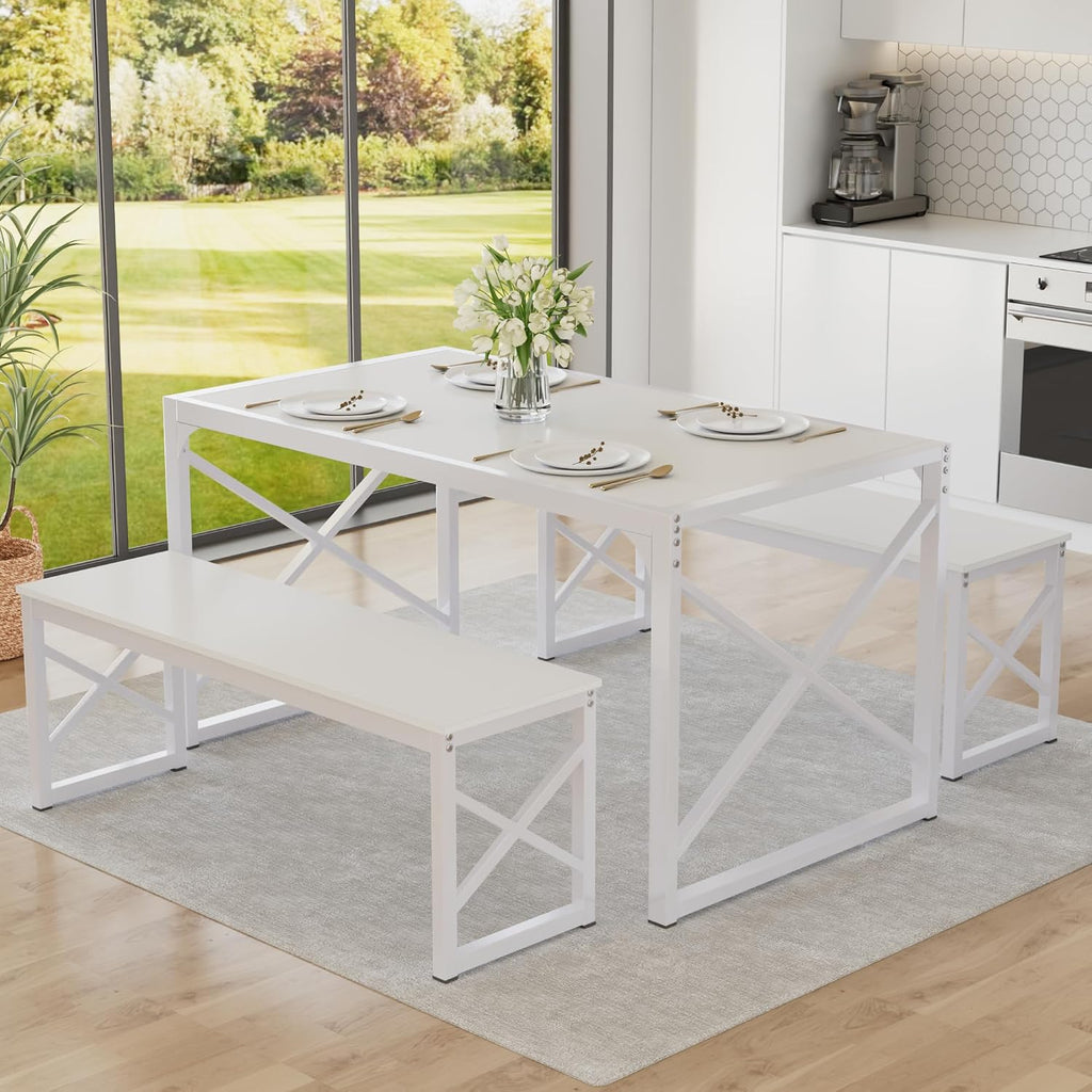 VECELO 55” Kitchen Dining Table Set for 4, Heavy-Duty Steel Frame & Wood-Grain Tabletop, Space-Saving Dinette Sets with 2 Benches for Breakfast Nook and Small Space, White