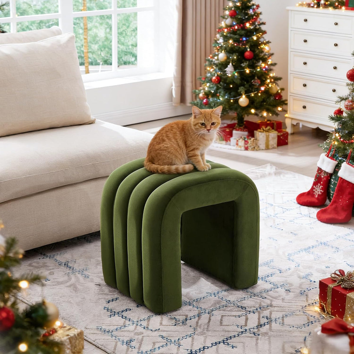 Olive Green Velvet Ottoman Stool, Small Vanity Stool