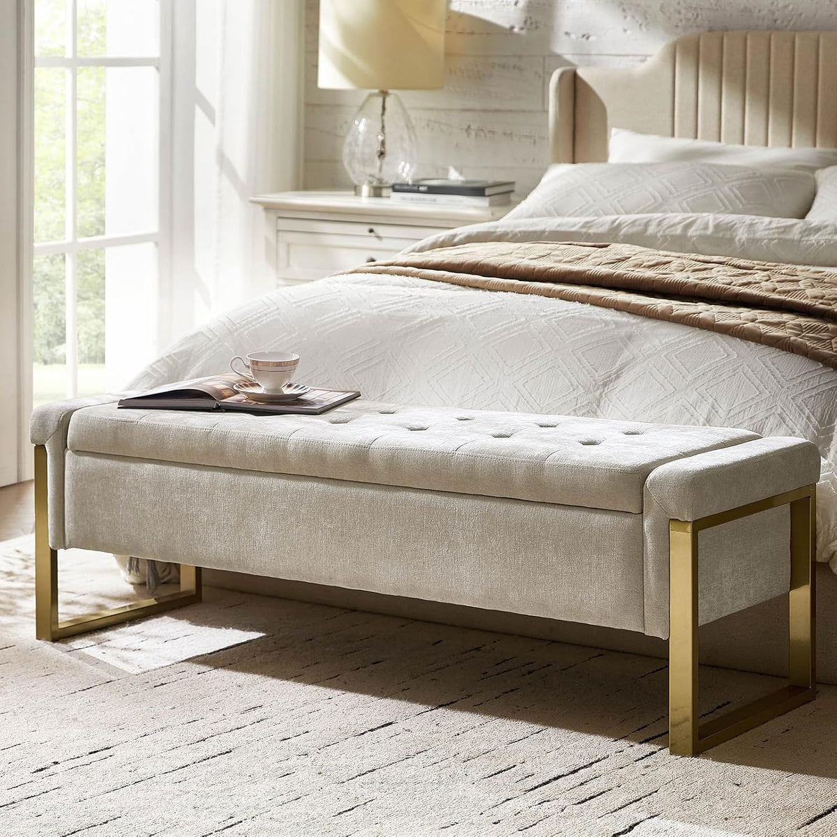 EcoHarbor Living Modern Storage Ottoman Bedroom Bench, End of Bed Bench with Gold Metal Legs, Upholstered Footrest Stool for Living, Dining Room, Entryway and Hallway(Beige 55inch)