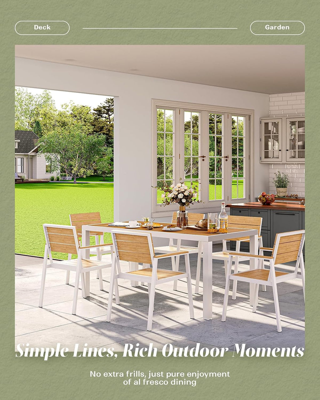 Vexwalx 7-Piece Outdoor Dining Set, Aluminum Dining Table Set for 6, Patio Table and Chairs Set with Umbrella Hole, All Weather HDPS Outdoor Table and Chairs for 6 (White-Teak)