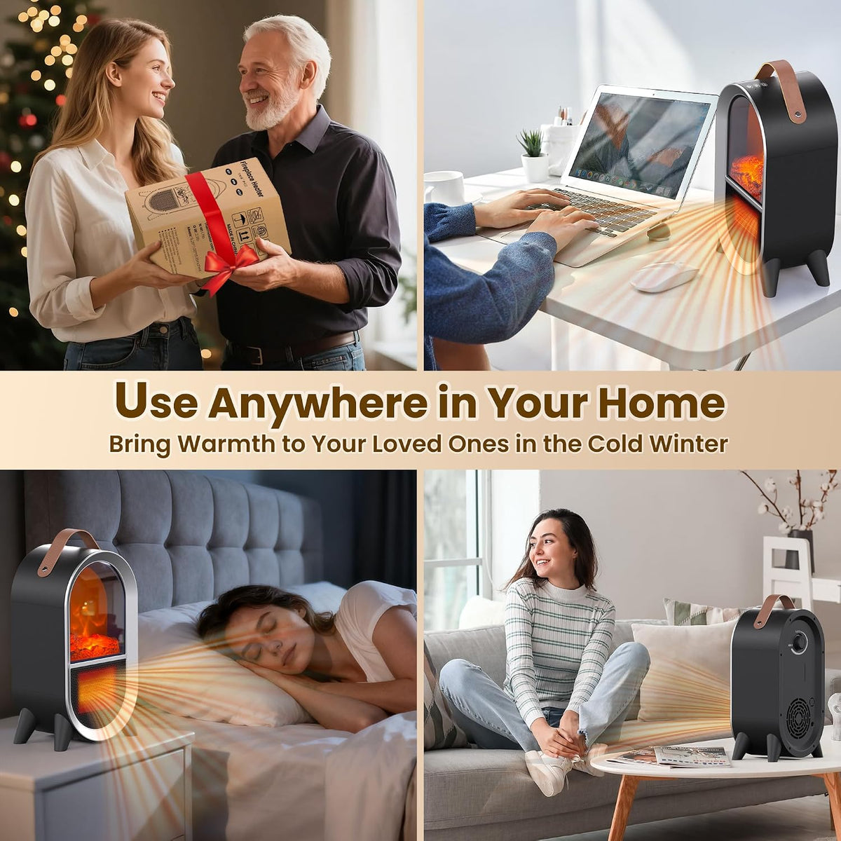 Riseon Portable Electric Fireplace Heater for Home Office, Black