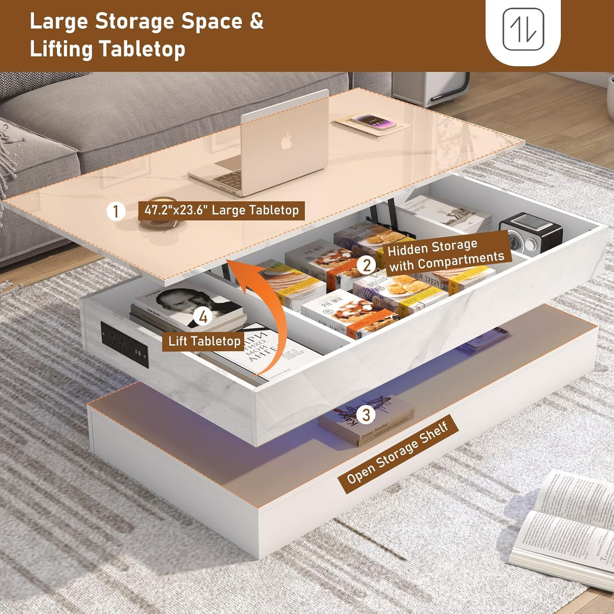 chartustriable 47.2" Large Lift Top Coffee Table, Modern LED High Glossy Coffee Table with Storage for Living Room, Lift Up Living Room Center Tables with Charging Station, LED Lights, White