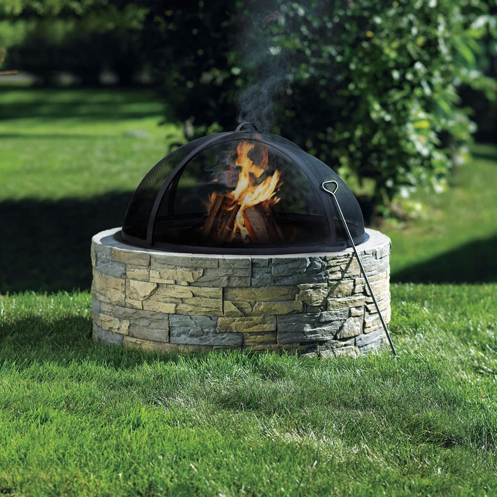 SUNCREAT Outdoor Fire Pit Spark Screen Cover Accessory, Patio Round Easy-Opening Fire Mesh Screen Guard, Heavy Duty Steel Fire Pit Ember Lid with Hinge, 32 Inch