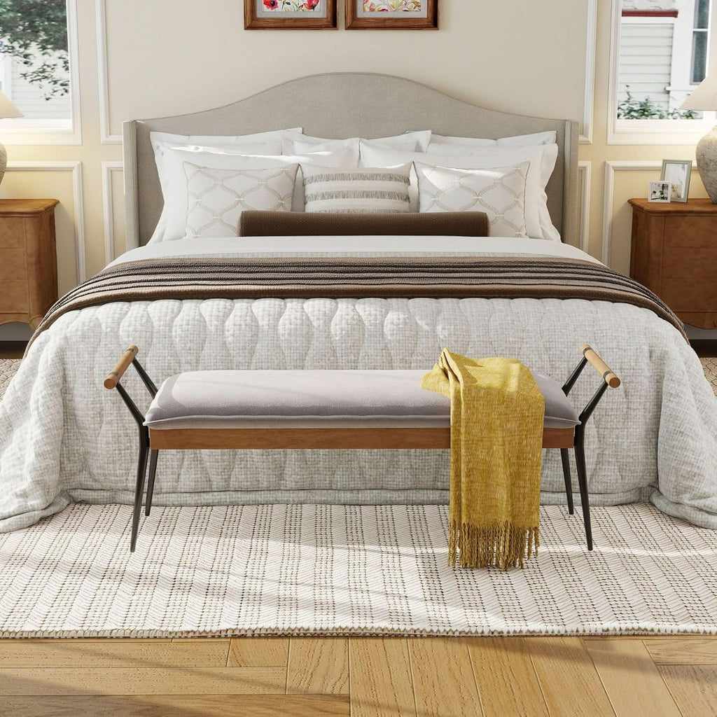 LukeAlon Modern Chenille Ottoman Bench with Arms & Metal Legs, Grey