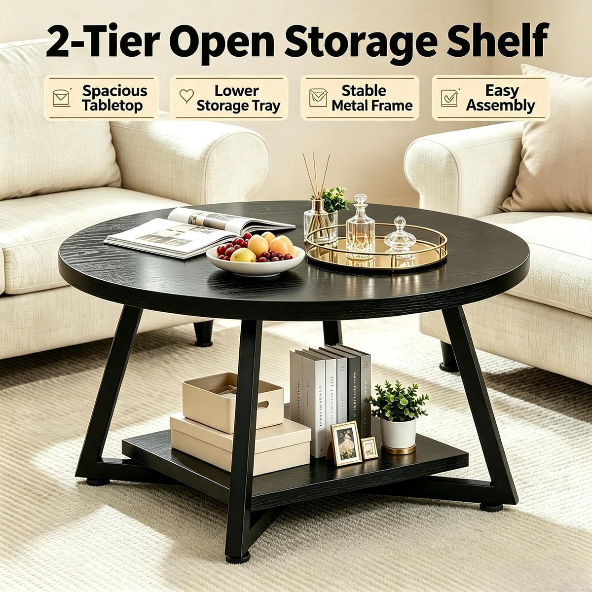 Coffee Tables for Living Room, 27.6" Round Coffee Table, Black Coffee Table