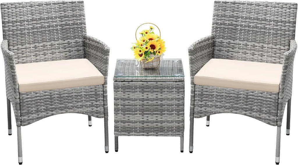 Devoko 3 Piece Patio Furniture Set Outdoor Wicker Conversation (Pale Grey)