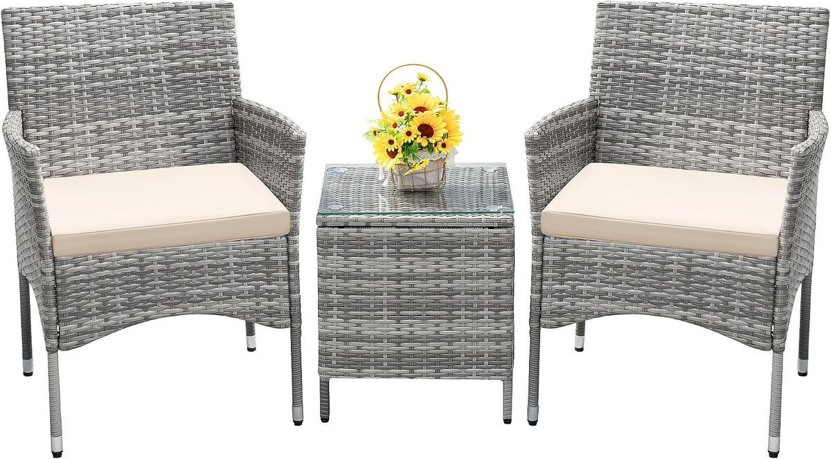 Devoko 3 Piece Patio Furniture Set Outdoor Wicker Conversation (Pale Grey)