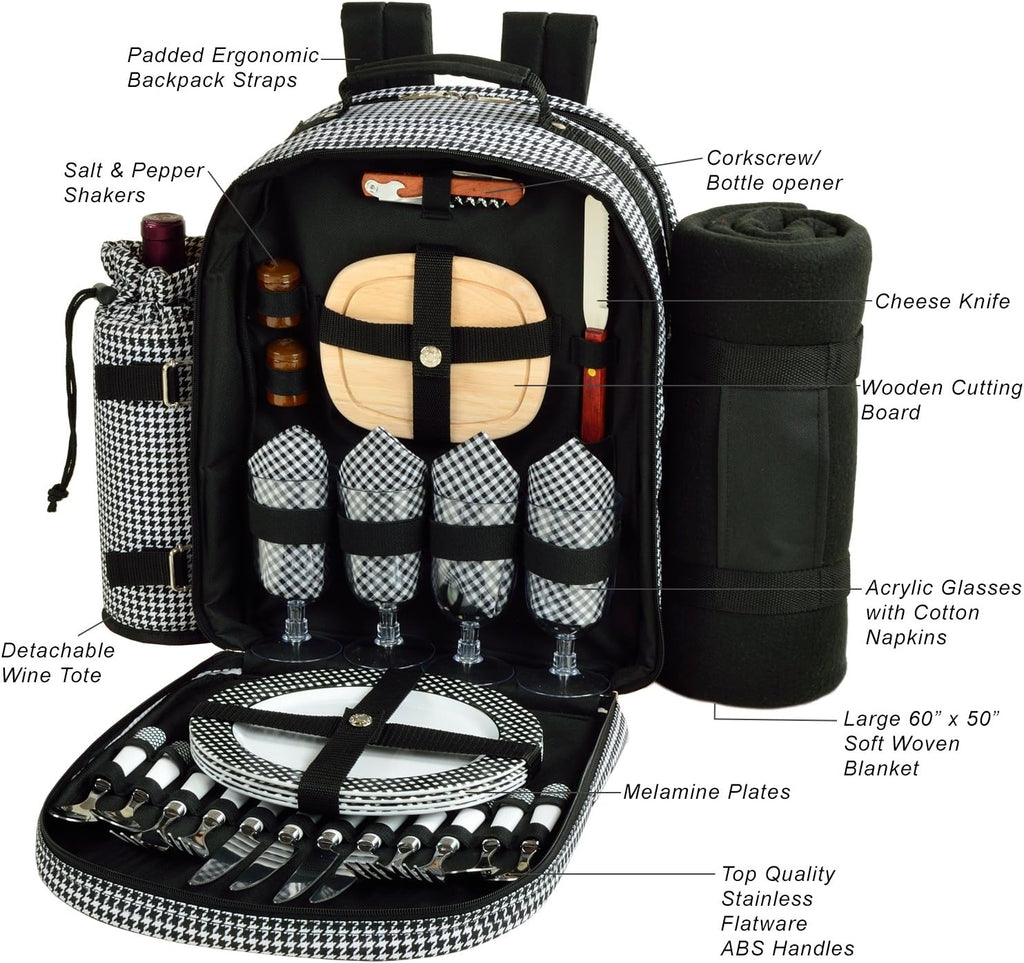 Picnic at Ascot Original Equipped Backpack for 4 with Blanket - Extra Bonus Cooler - Designed & Assembled in California - Houndstooth