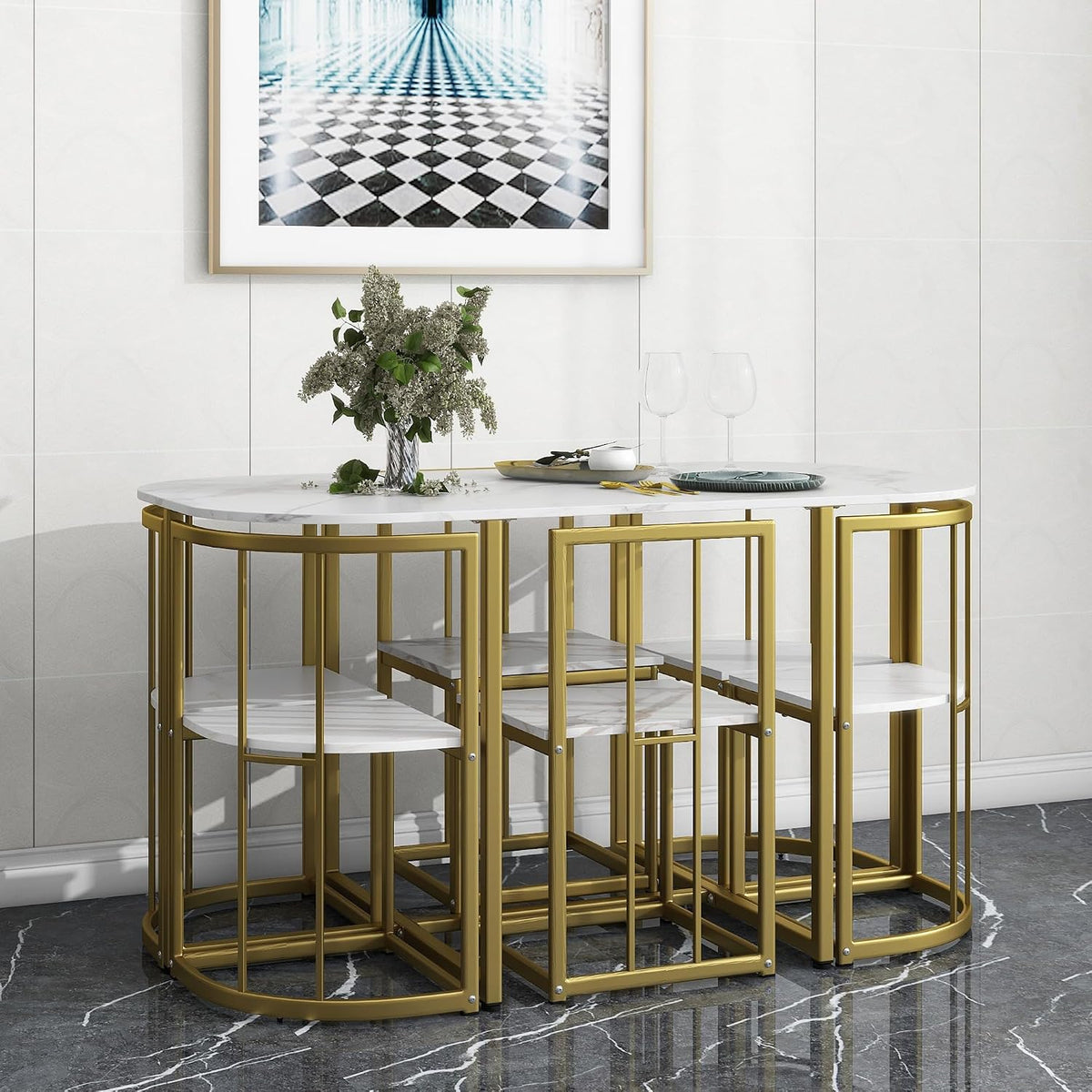 Metal 7 Piece Kitchen Dining Table Set with Chairs for Saving Space Metal Dining Room Table Set for 6 Persons, Golden White