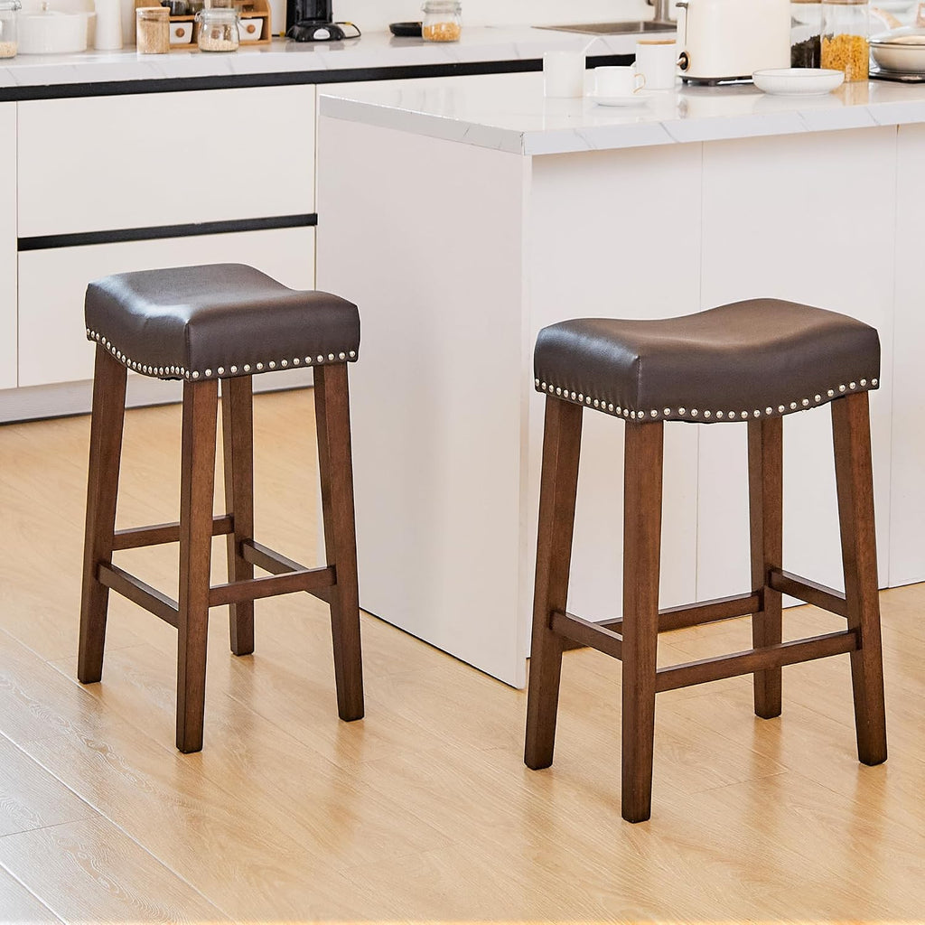 PrimeZone 26 Inch Solid Wood Saddle Backless Bar Stools Set of 2, Brown