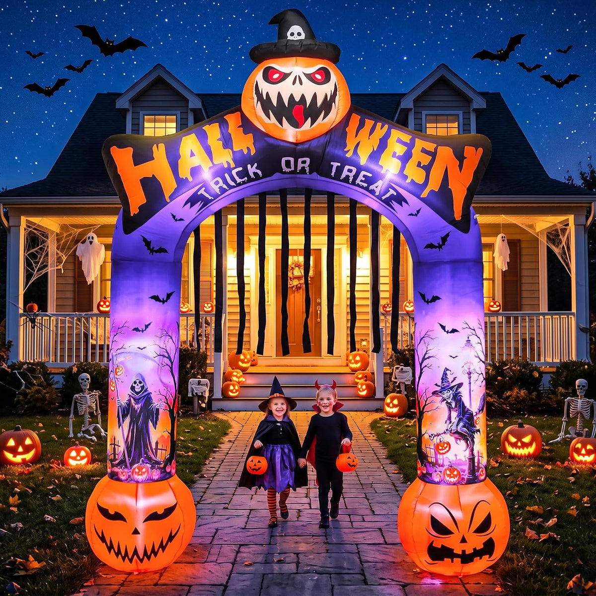10 FT Halloween Inflatable Archway, Built-in LED Lights, Blow Up Outdoor Yard Decoration with Grim Reaper Witch Bat Patterns for Front Lawn Garden Party Décor Outdoor Holiday Party