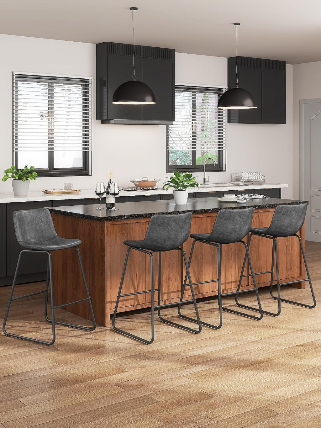 26in Bar Stools Counter Height Chairs Set of 3 Metal Legs (Gray)