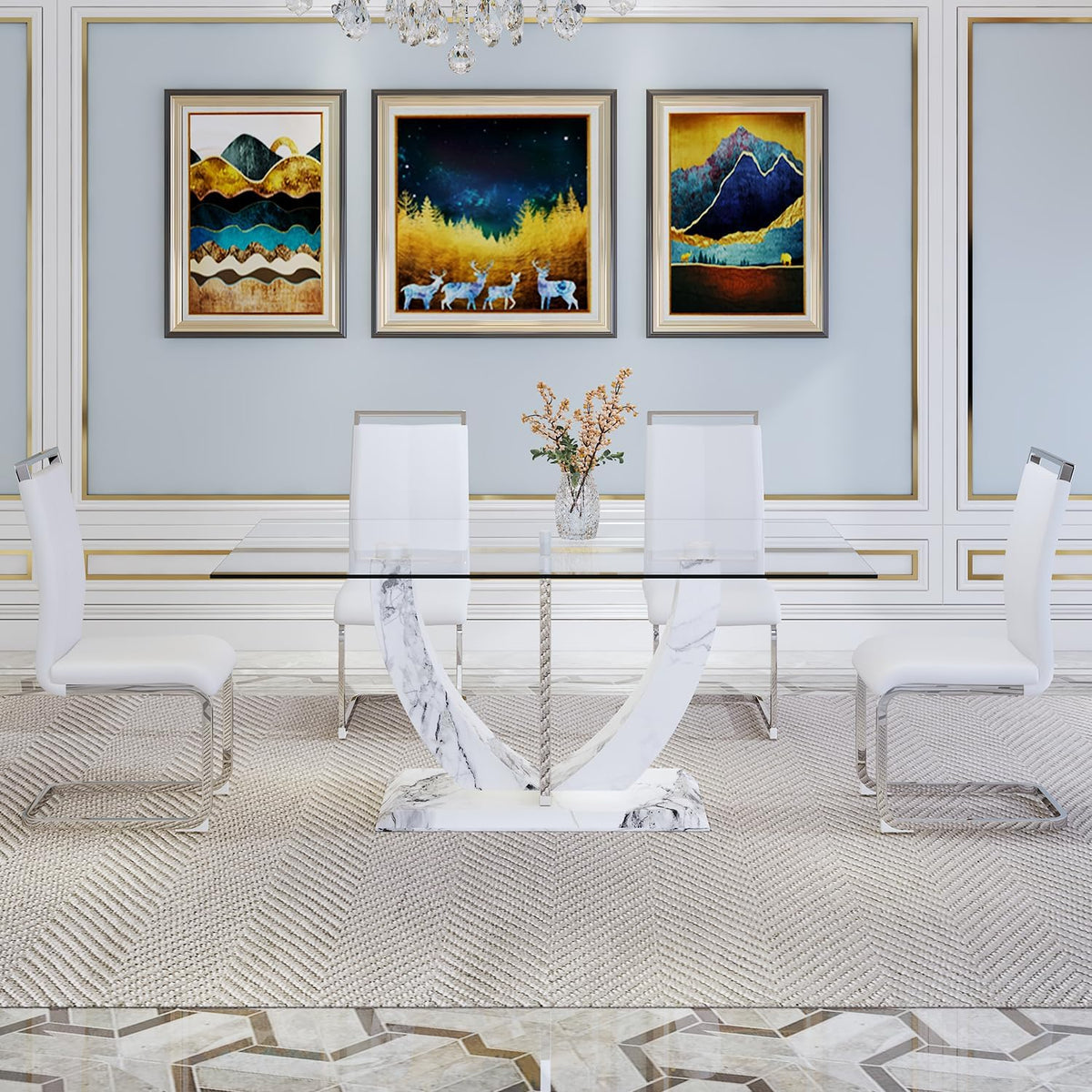 JUFU 7-Piece White Dining Table Set for 6, 63" Rectangular Glass Dining Table with Faux Marble U-Shaped Pedestal Base and 6 White Cantilever Chairs, Modern Kitchen & Dining Room Furniture Set