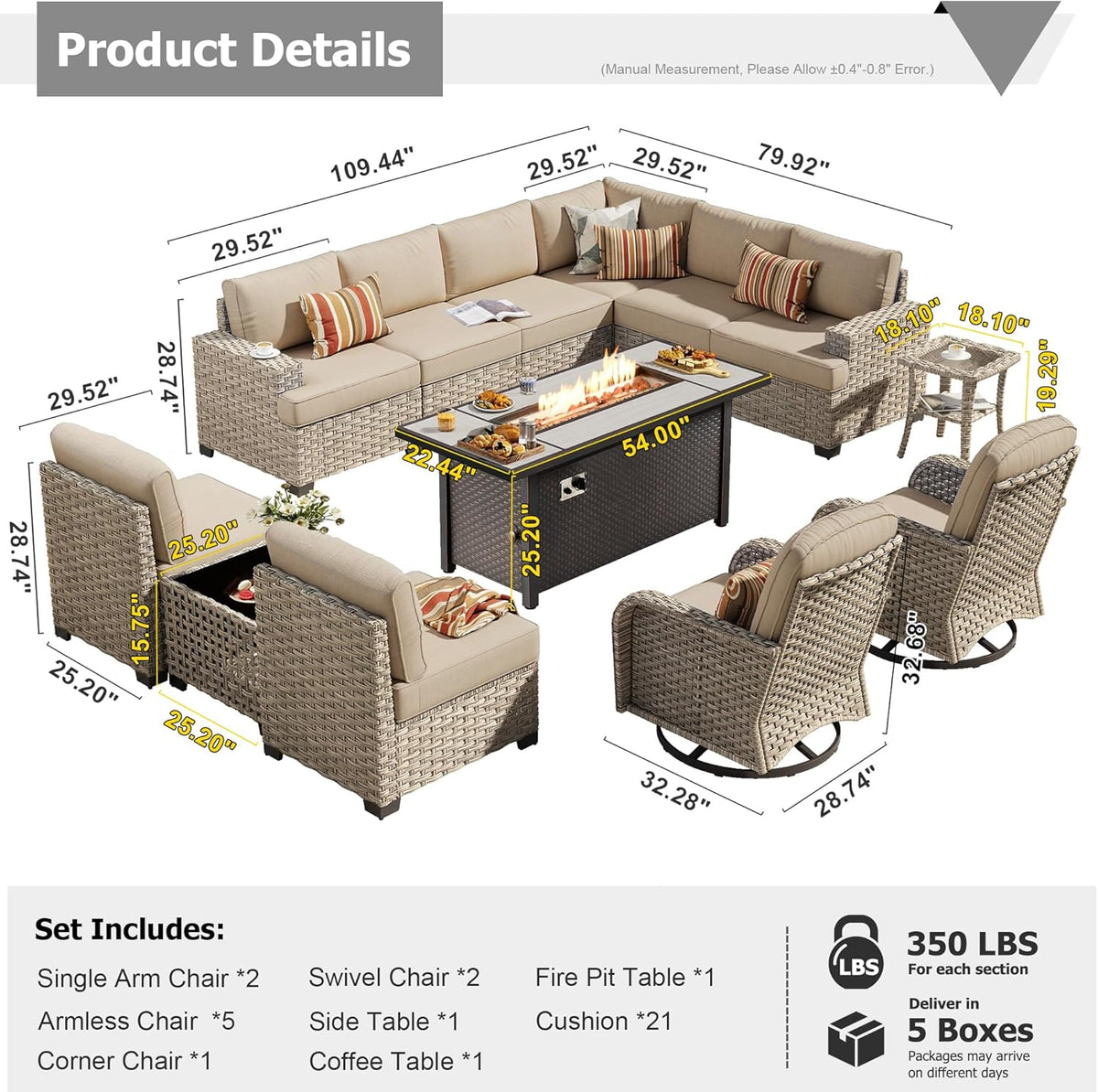 HOOOWOOO Outdoor Sectional Patio Furniture Set with Fire Pit Table,13 Pieces Wicker Conversation Sets L Shaped Couch,Extra Deep Out Door Sofa Outside Furniture with Swivel Rocking Chair,Beige
