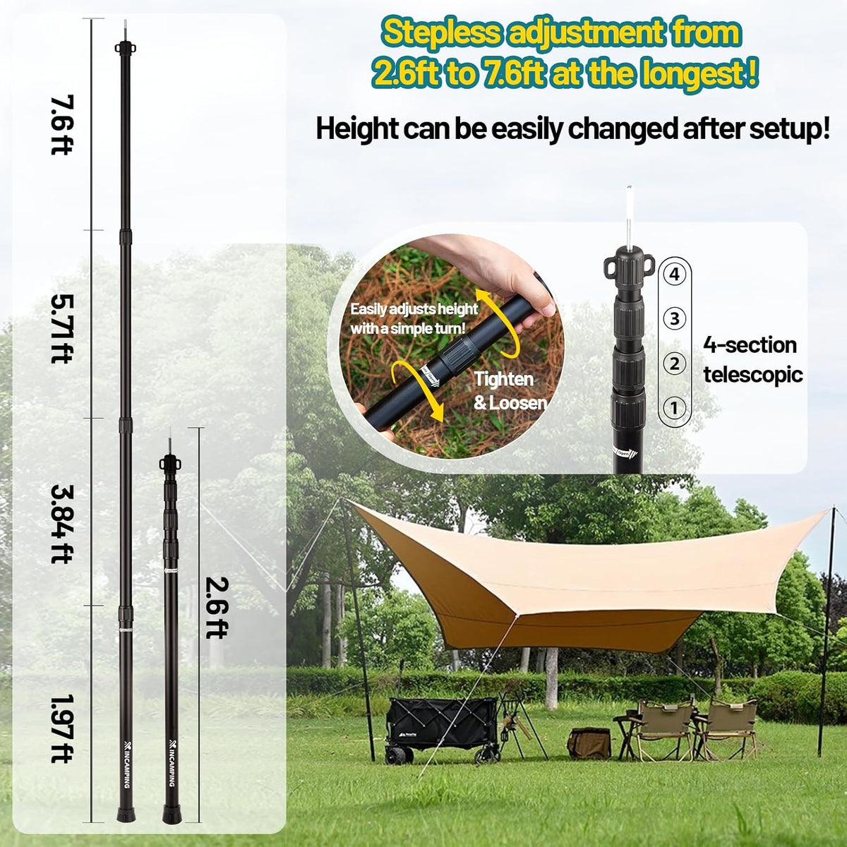 Adjustable Heavy Duty Tarp Poles 7.6FT,XINCAMPING Aluminum Tent Poles with Protection Cap - 4 Pack Rust-Proof Awning Poles for Camping, Hiking, Canopy & Outdoor Shelter