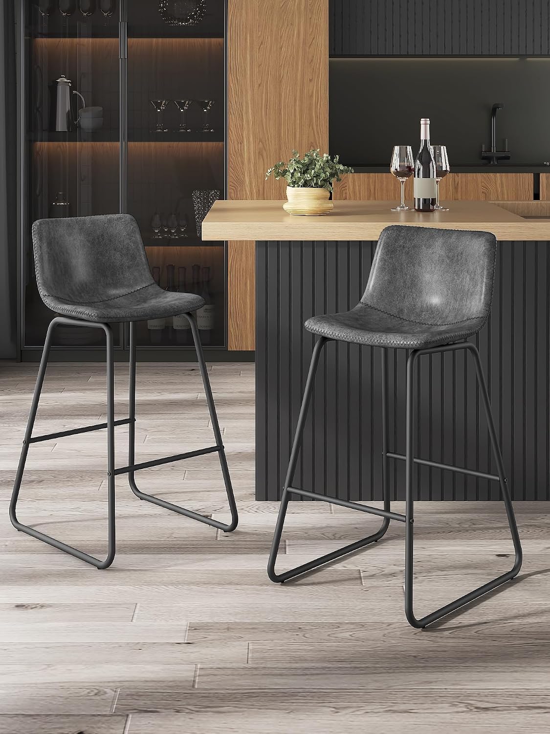 26in Bar Stools Counter Height Chairs Set of 3 Metal Legs (Gray)