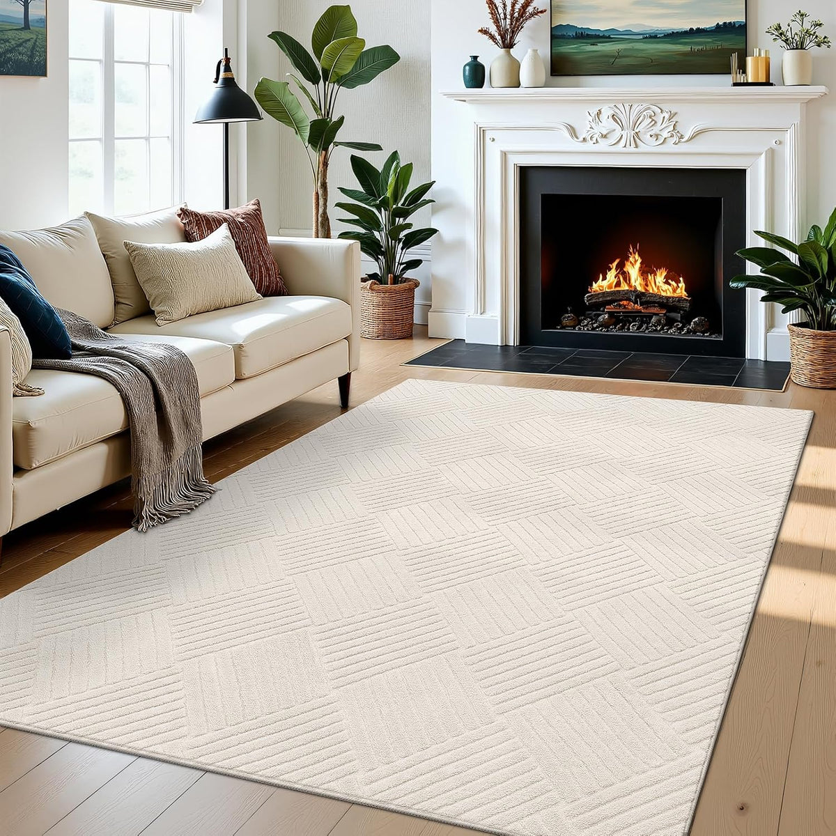 Vaukki 5x7 Living Room Area Rug, Beige Soft Geometric Fluffy Bedroom Mat