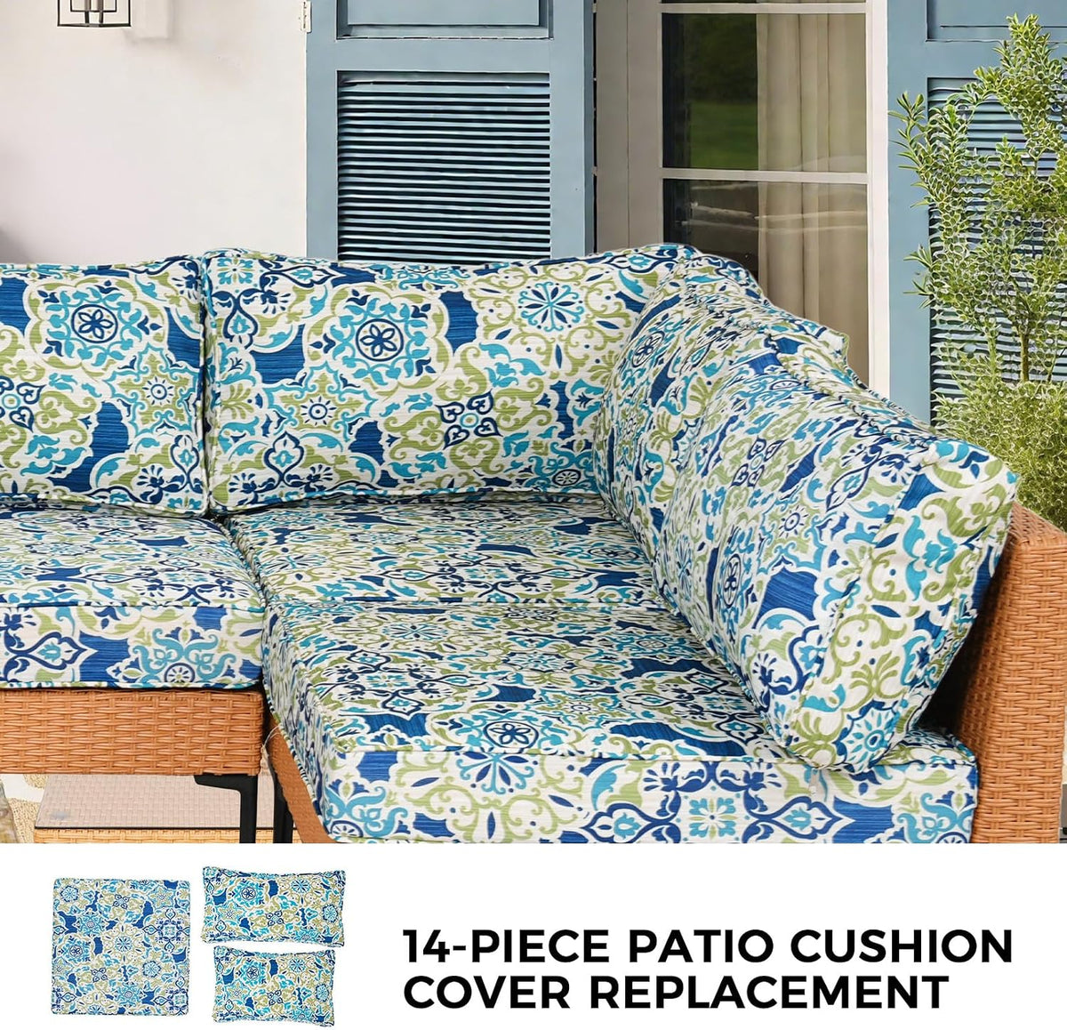 14 Piece Outdoor Patio Cushion Covers Replacement Waterproof with Zipper for 6-Seater Sectional Couch Chair Patio Furniture Conversation Sofa Seat Cushions Slipcovers Set, Only Cover