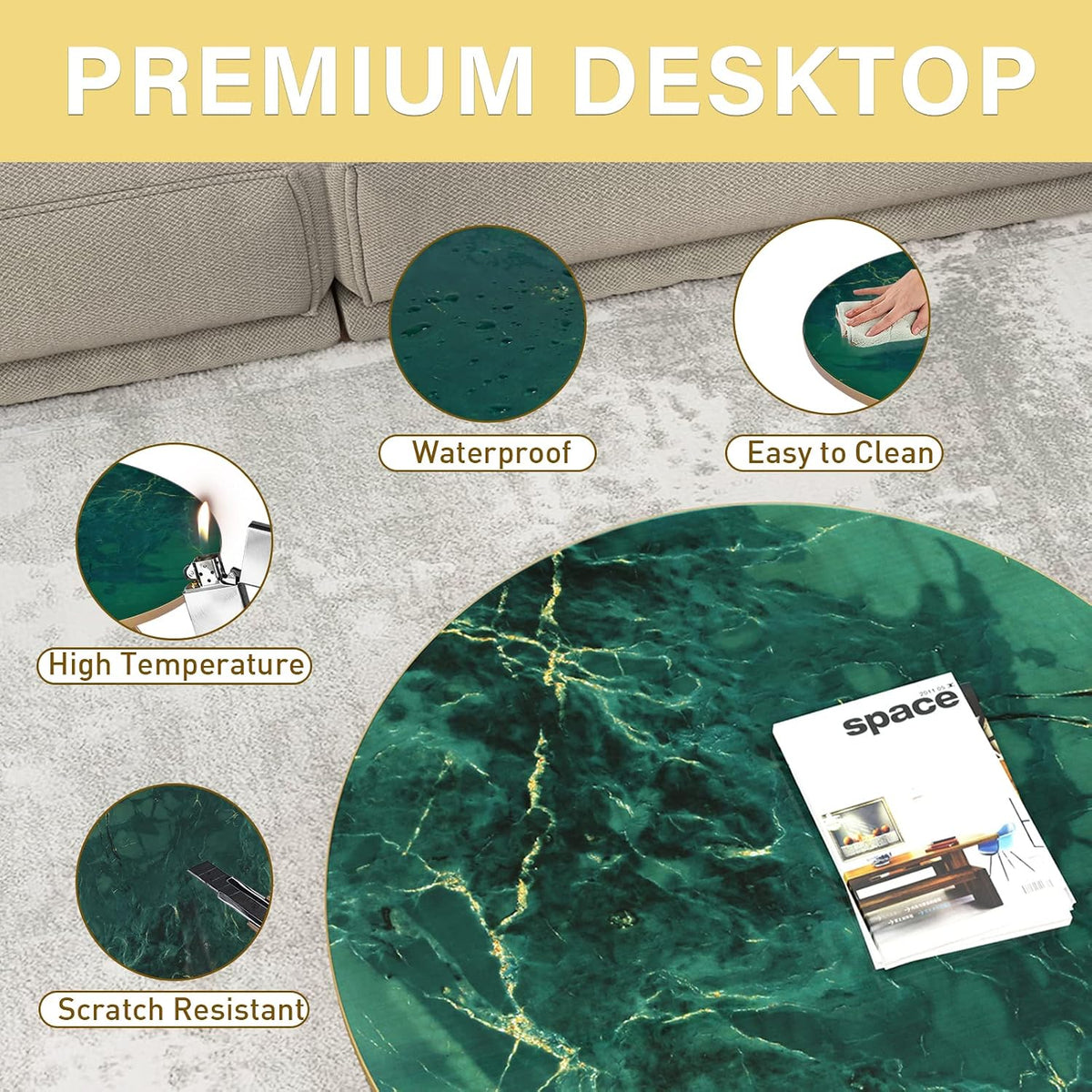 HLR Round Coffee Table with Green Faux Marble Top