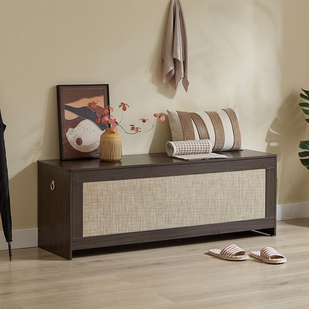 51.2"Storage Chest large,wooden rattan storage bench,Obsidian Black