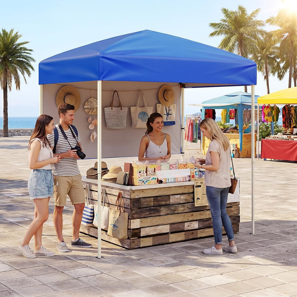 Goplus 6 x 4 FT Pop Up Canopy, UPF50+ Easy Setup Tent w/ 1 Half Sidewall, Silver-Coated Top, Foldable Outdoor Gazebo w/Carrying Bag, Sun Shelter Tent for Events, Sports, Camping, Markets (Blue)