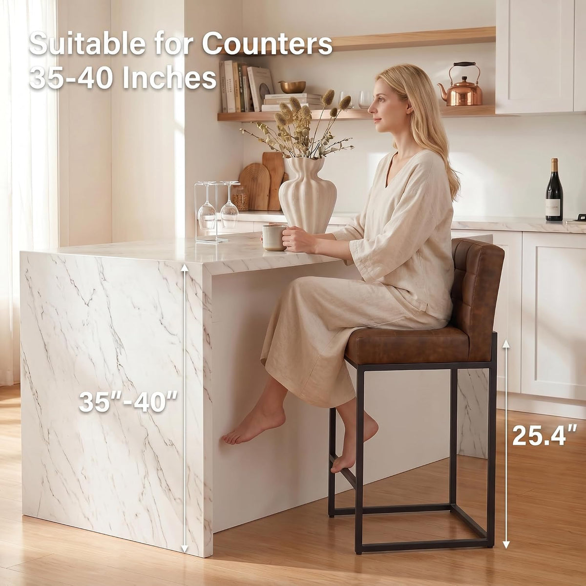 GrandNoor Modern Counter Height Bar Stools Set of 3,25'' Coffee Faux Leather Barstools with Back Sturdy Metal Legs, Checkered Wiring Thick Upholstered Counter Stools for Kitchen Island
