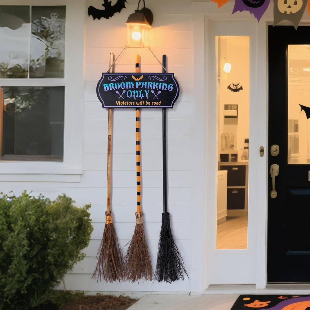 JOYIN Halloween Broom Parking Sign with 3pcs Wooden Witches Brooms, Halloween...