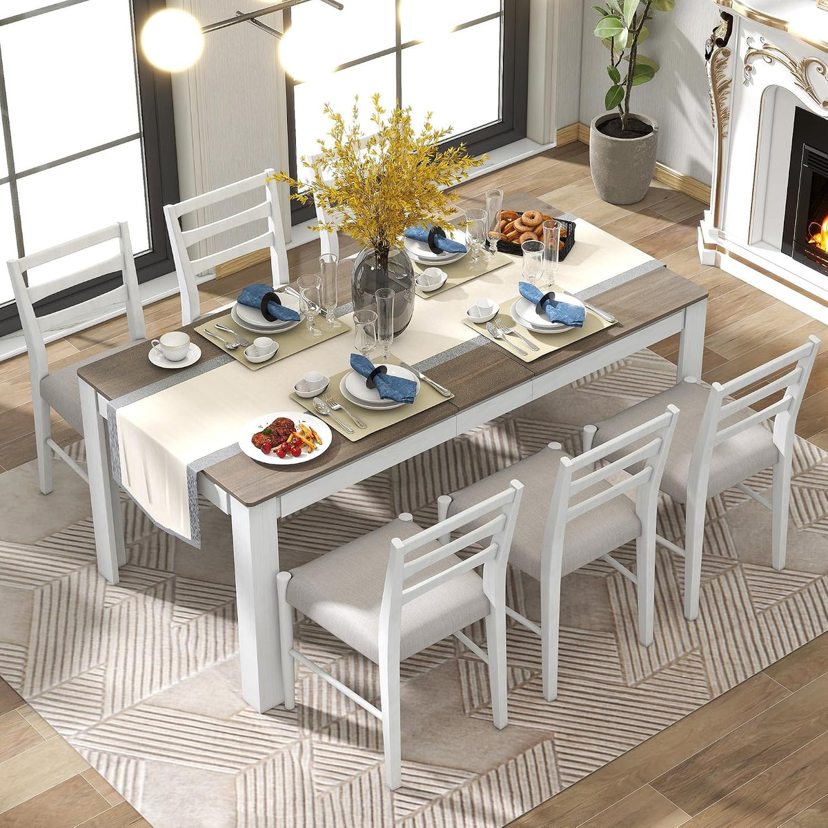 7 Pieces Dining Table Set Wooden Rectangle Extendable Table with 12” Leaf and 2 Drawers, 6 Dining Chairs with Soft Cushion, Kitchen Dining Room Set for 6 Persons (Brown + White)