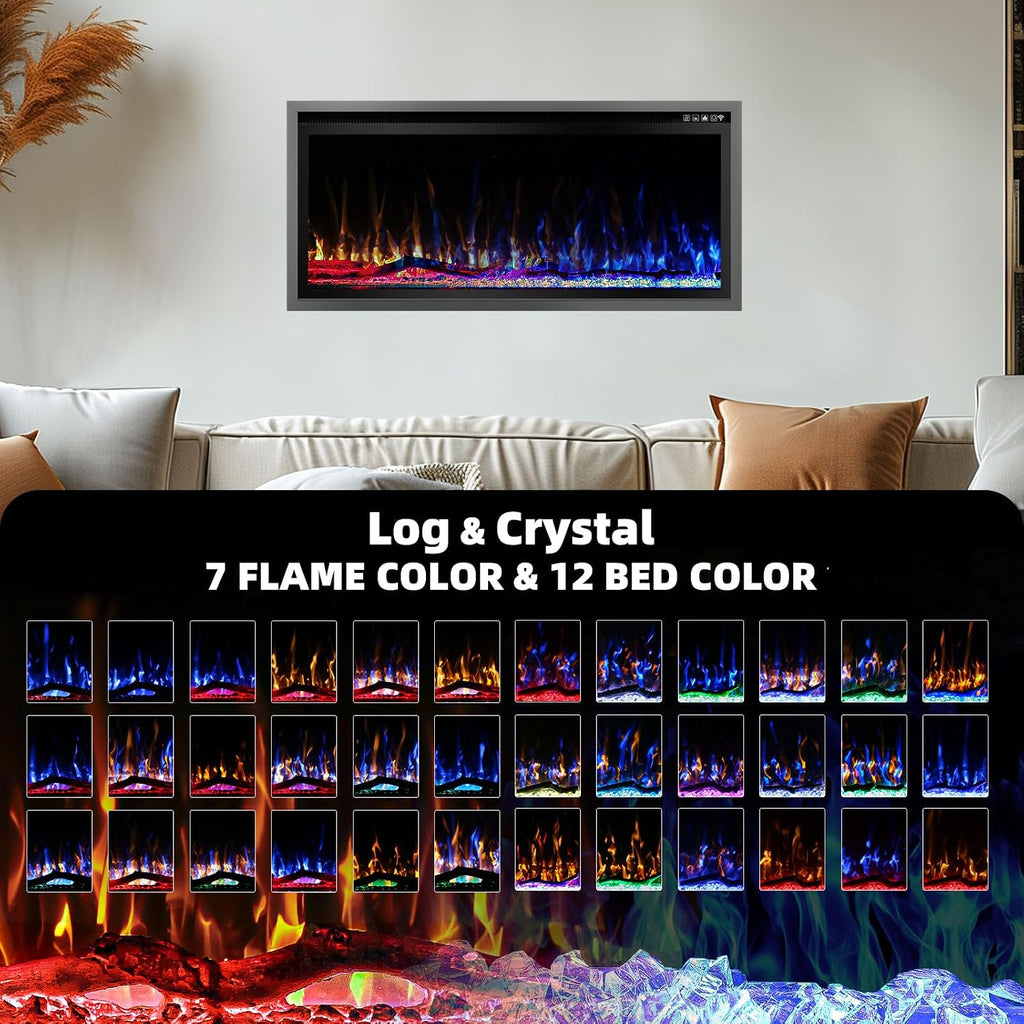 Kucreiheat 42 Inch Electric Fireplace Aluminum Frame-Ultra Silm Fireplace Recessed/Wall Mount, Log, Driftwood & Crystal Option, Wall Fireplace Electric w/Remote Control, Thermostat, Timer, 750w/1500w