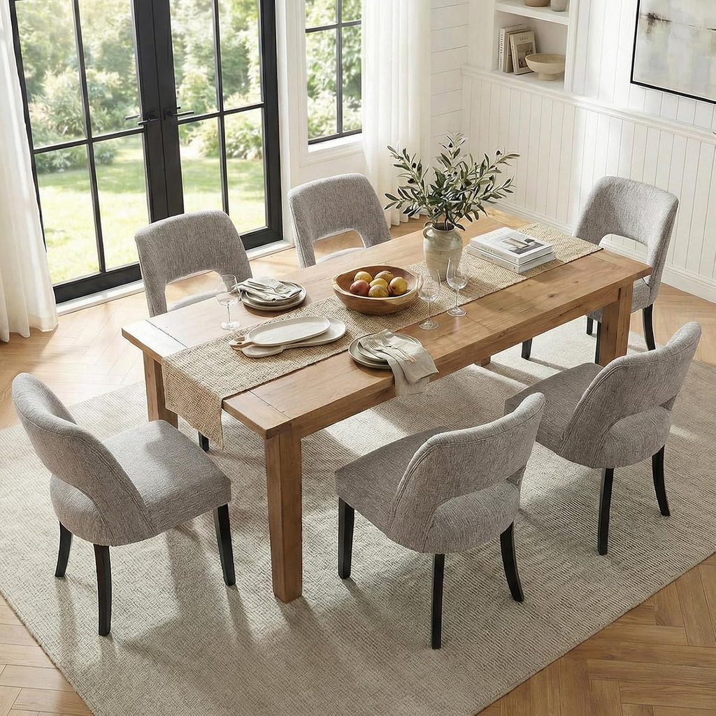 keoni Wooden Dining Chairs Set of 2, Mid Century Modern Upholstered Dining Room Chairs with Black Wood Legs, Fabric Farmhouse Kitchen Chairs with Foot Pegs for Dining Room, Light Gray