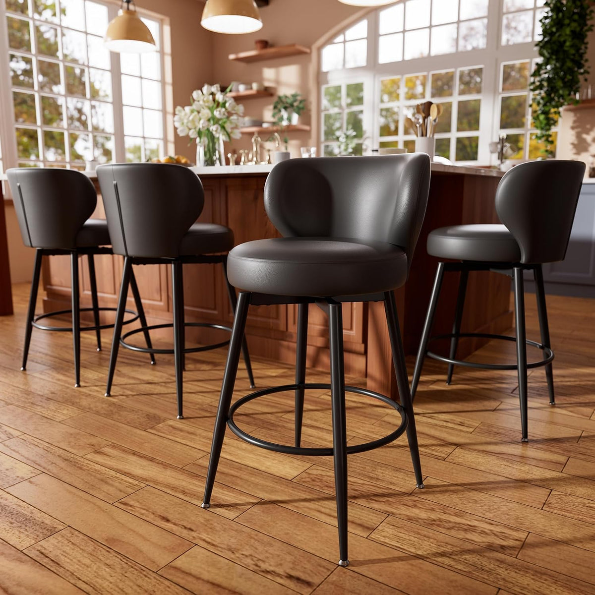 26" Black Bar Stools Set of 4, Swivel Kitchen Island Chairs