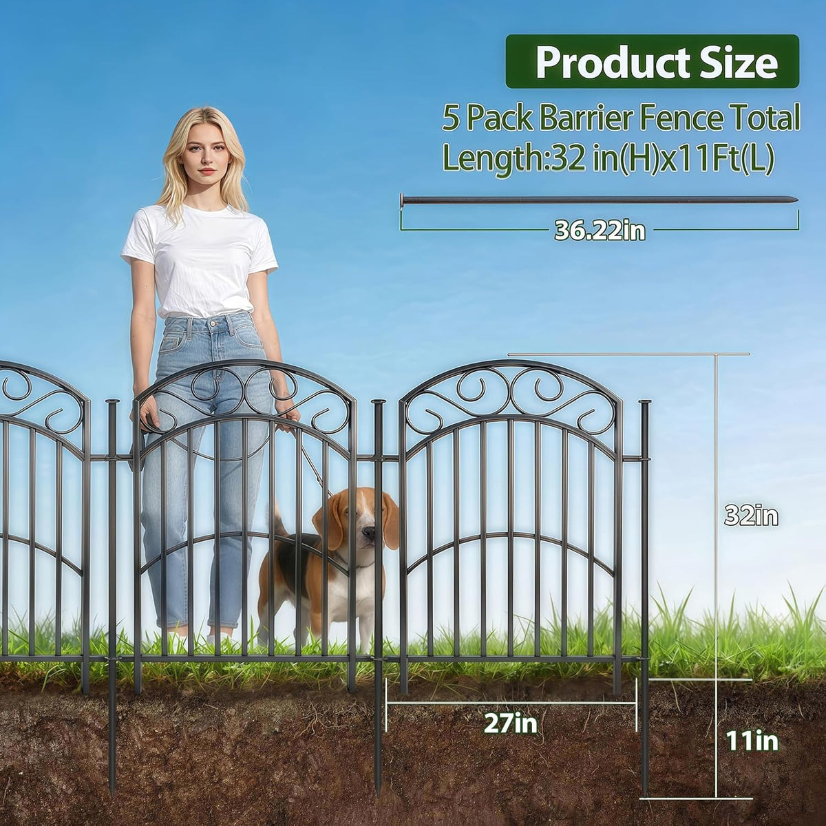 5 Panel 32in Decorative Garden Fence, 11ft No Dig Metal Border
