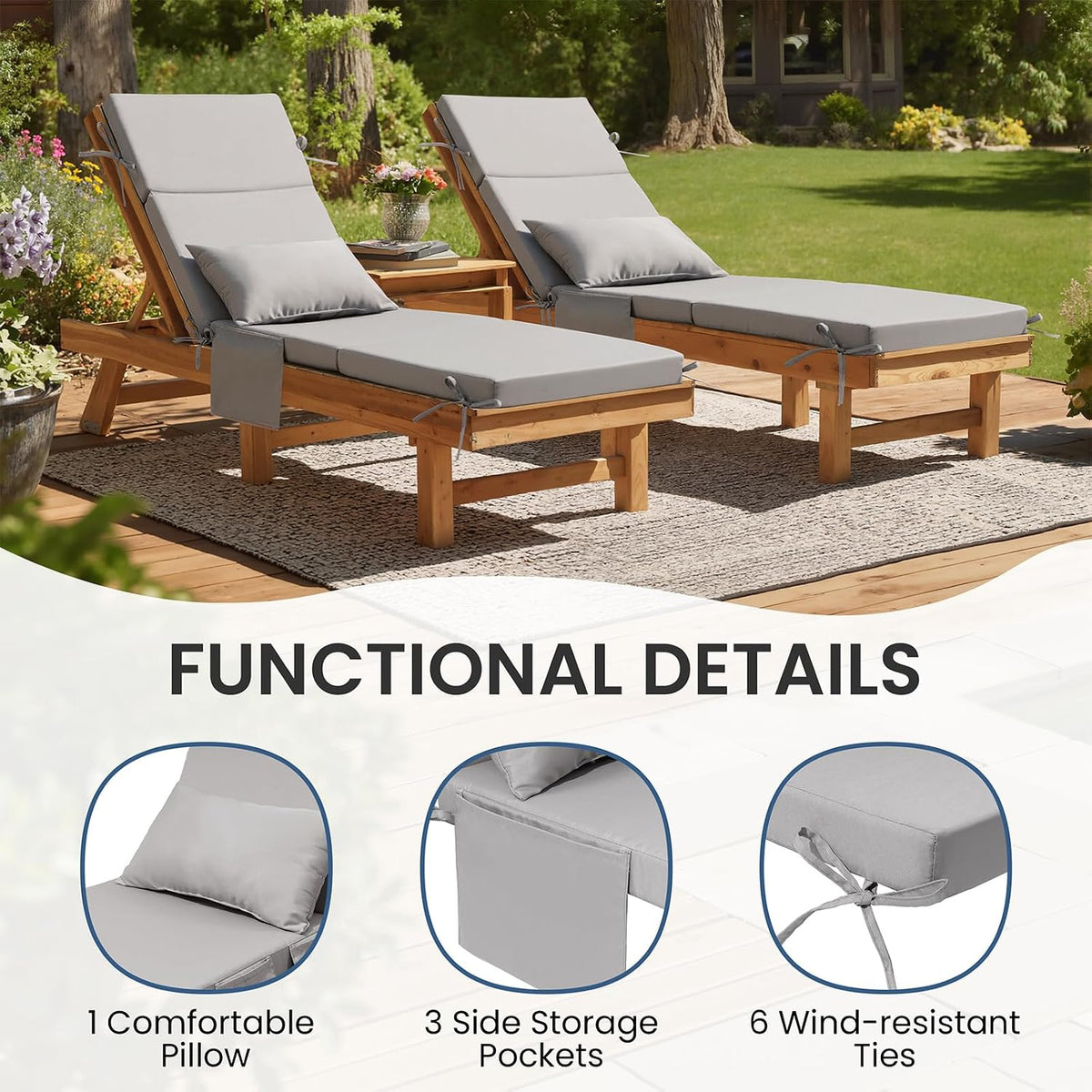 Crestlive Foldable Outdoor Lounge Chair Cushions w/Pillow&Pocket, 72"x21"
