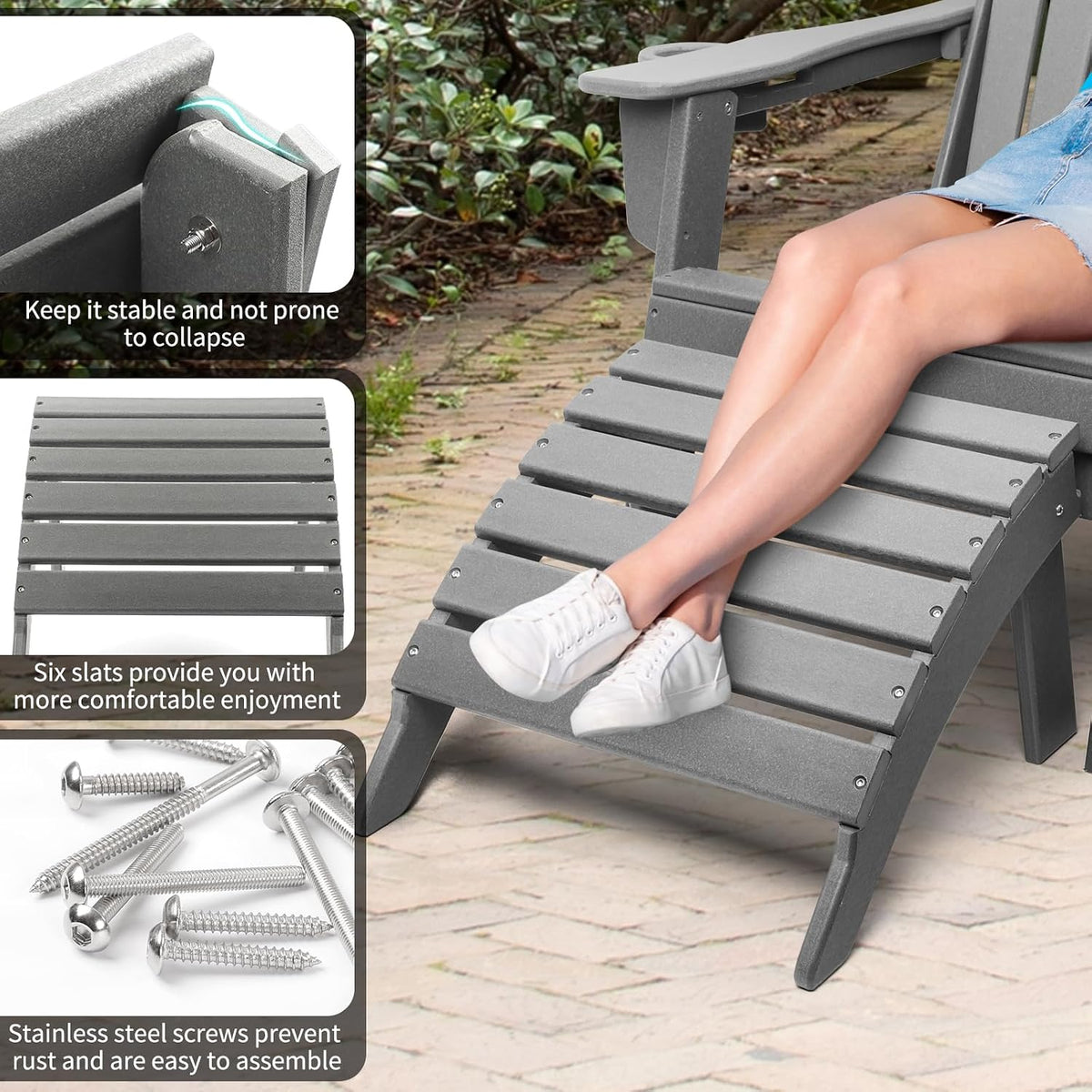 Folding Adirondack Ottoman Set of 2, Outdoor Foot Rest, Patio Footstool