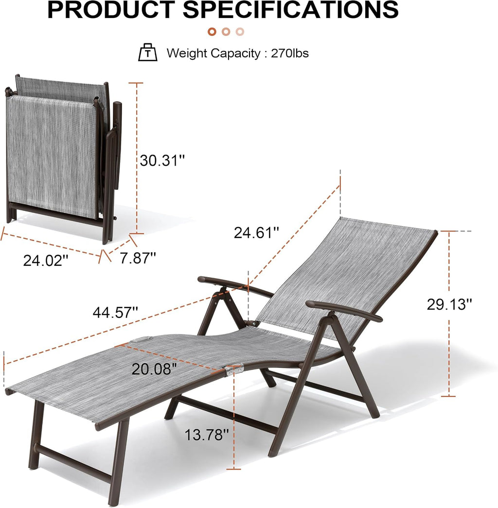 Lounge Chair Outdoor, Folding Pool Chaise Chairs Set of 2 (Black Gray)