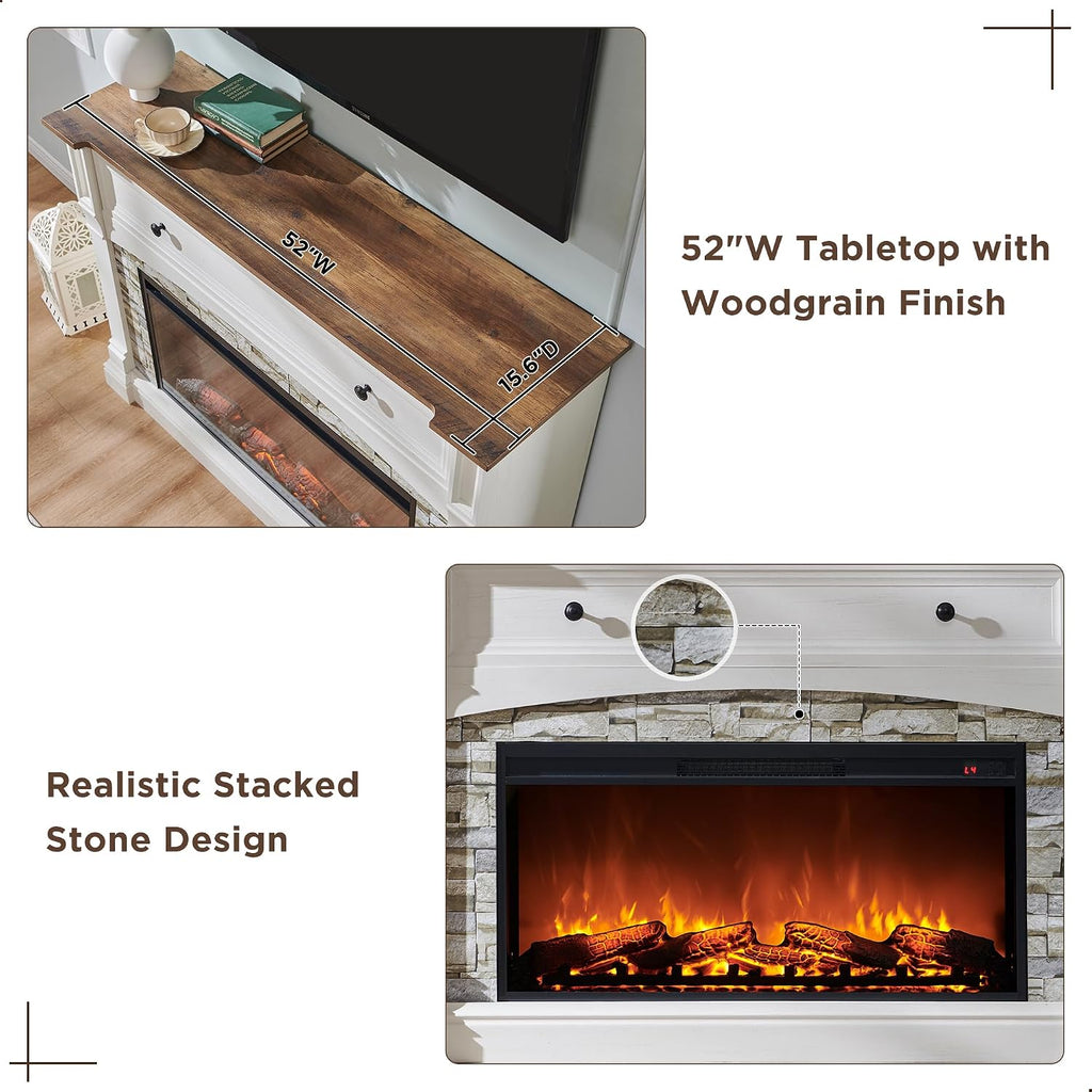 OKD 52" Farmhouse Electric Fireplace w/Mantel & Sime-Open Cubby