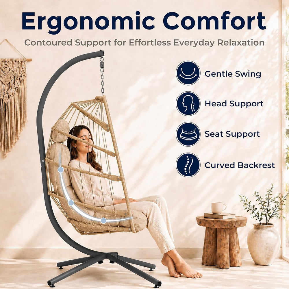 SWITTE Egg Chair Outdoor with Stand, Indoor Wicker Hanging Egg Swing, Cream