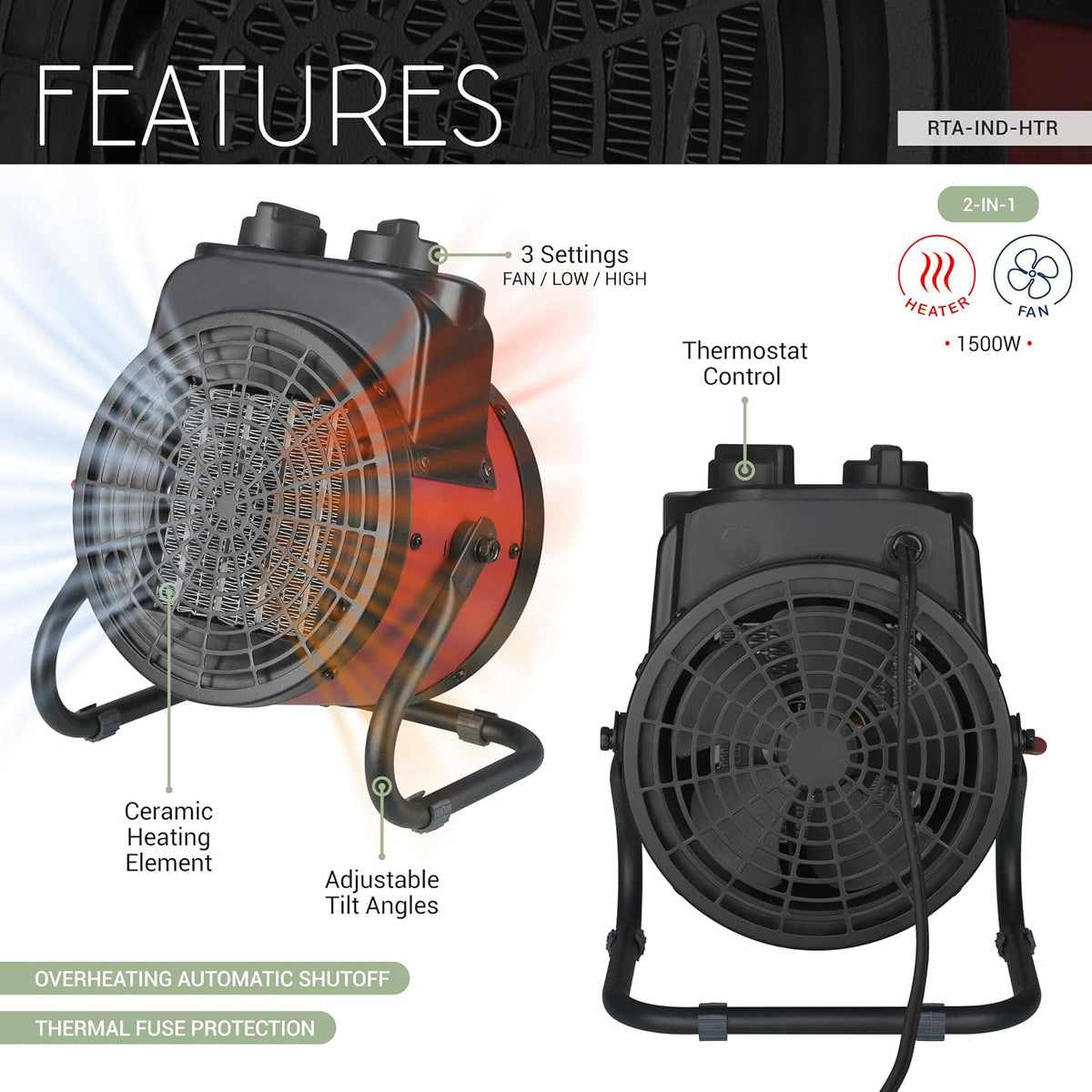 Industrial 1500W Ceramic Forced Air Heater with Adjustable Tilt