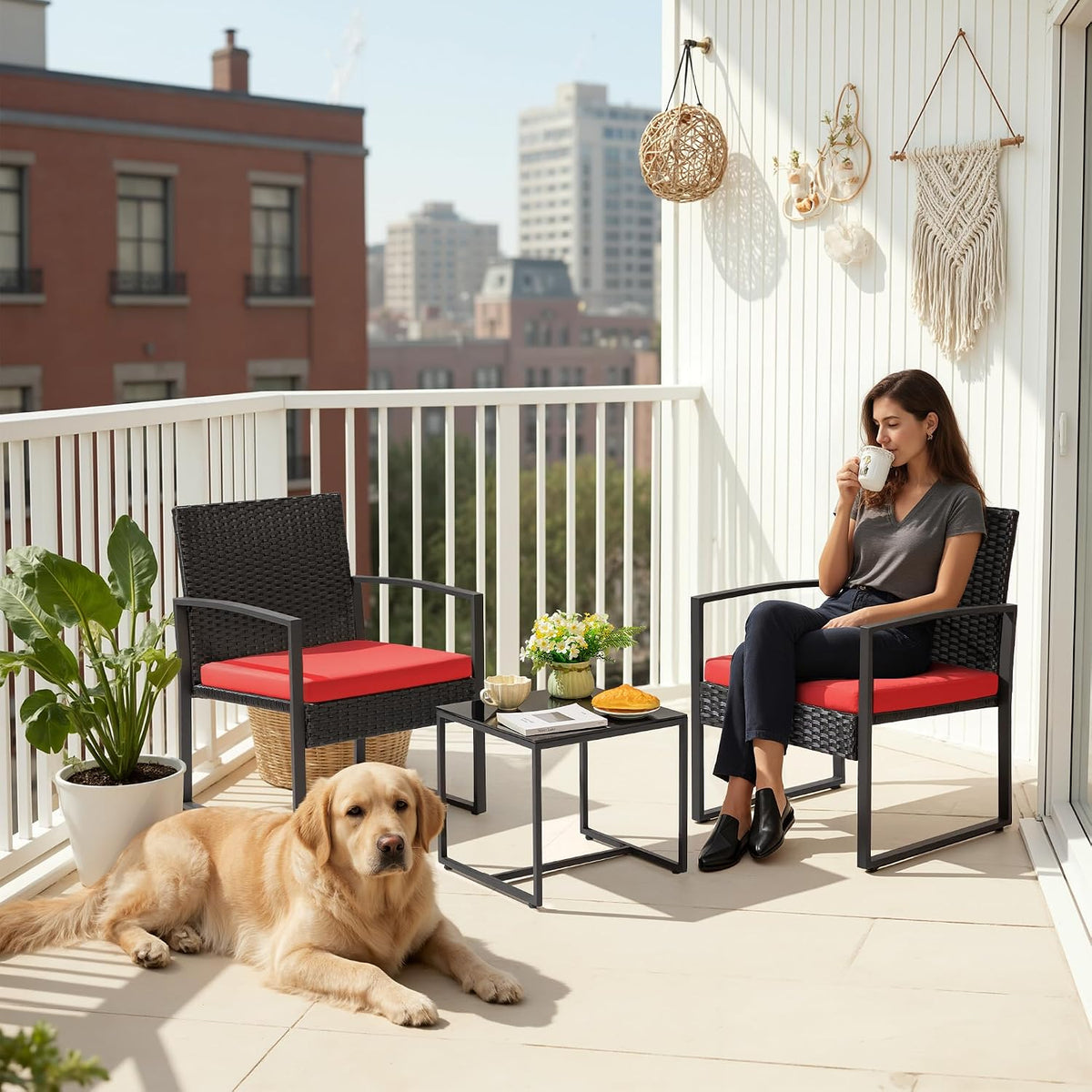 Greesum 3 Piece Wicker Conversation Bistro Sets Outdoor Patio Set(Red)