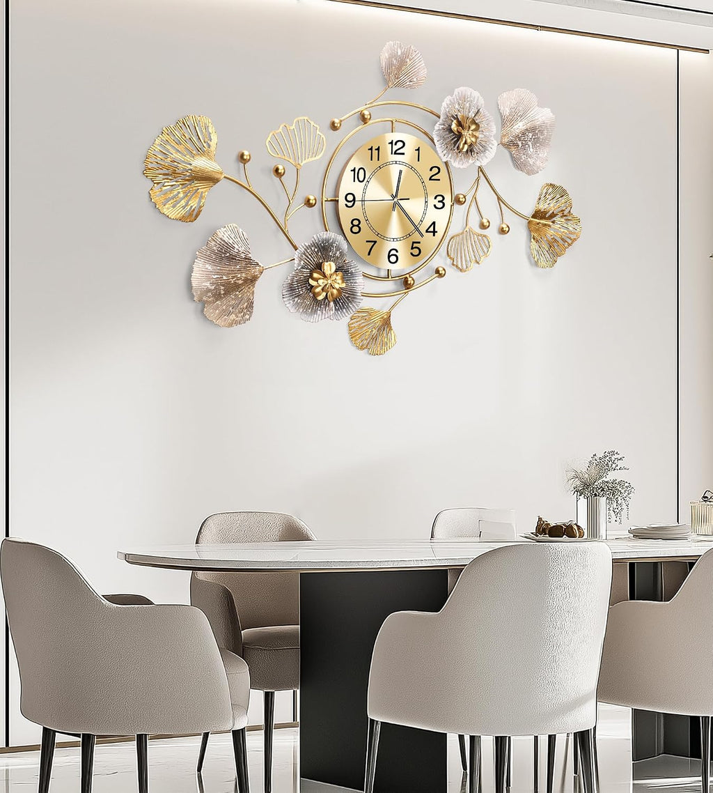33" Modern Farmhouse Large Decorative Wall Clock, Ginkgo Metal Art