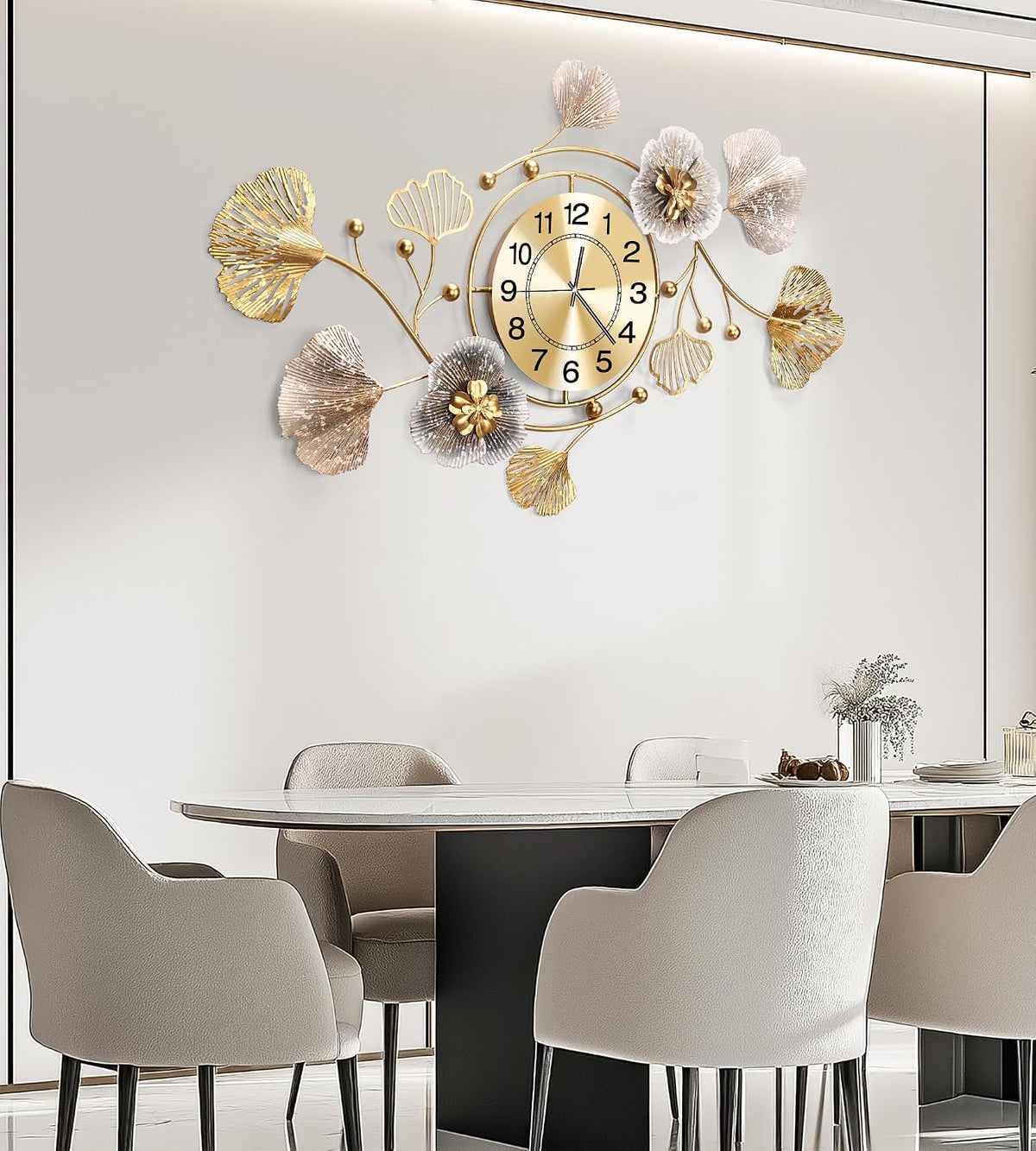 33" Modern Farmhouse Large Decorative Wall Clock, Ginkgo Metal Art