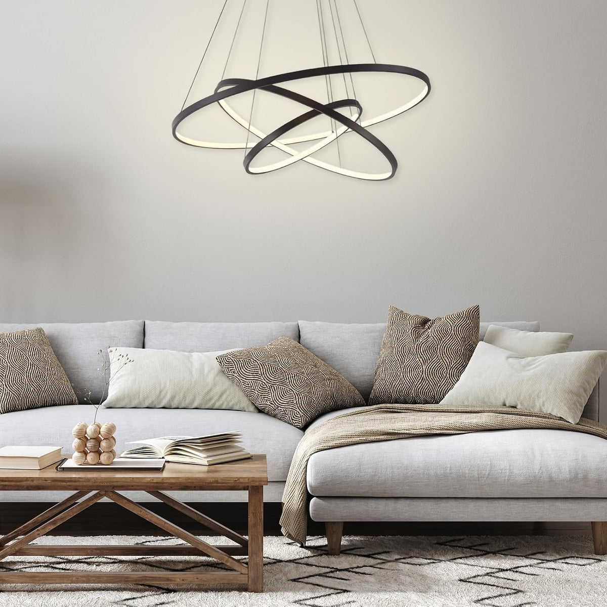 LightInTheBox Modern LED Pendant Light 3 Ring Chandeliers Black Circle Pendant Light Fixtures for Living Room Dinning Room Office (Light Source: Warm White)